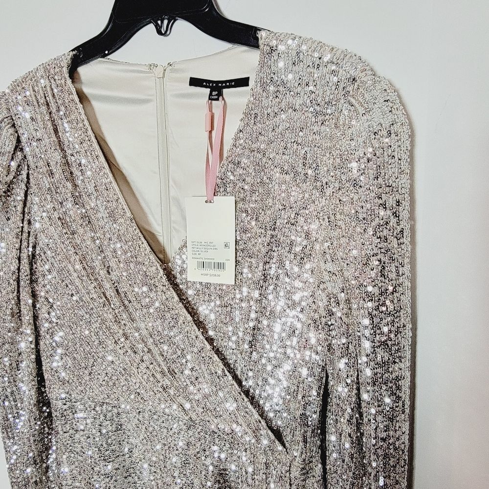 NWT Alex Marie Sequin Surplice Faux Wrap Dress W/ Tassel Size 8P - Picture 3 of 8